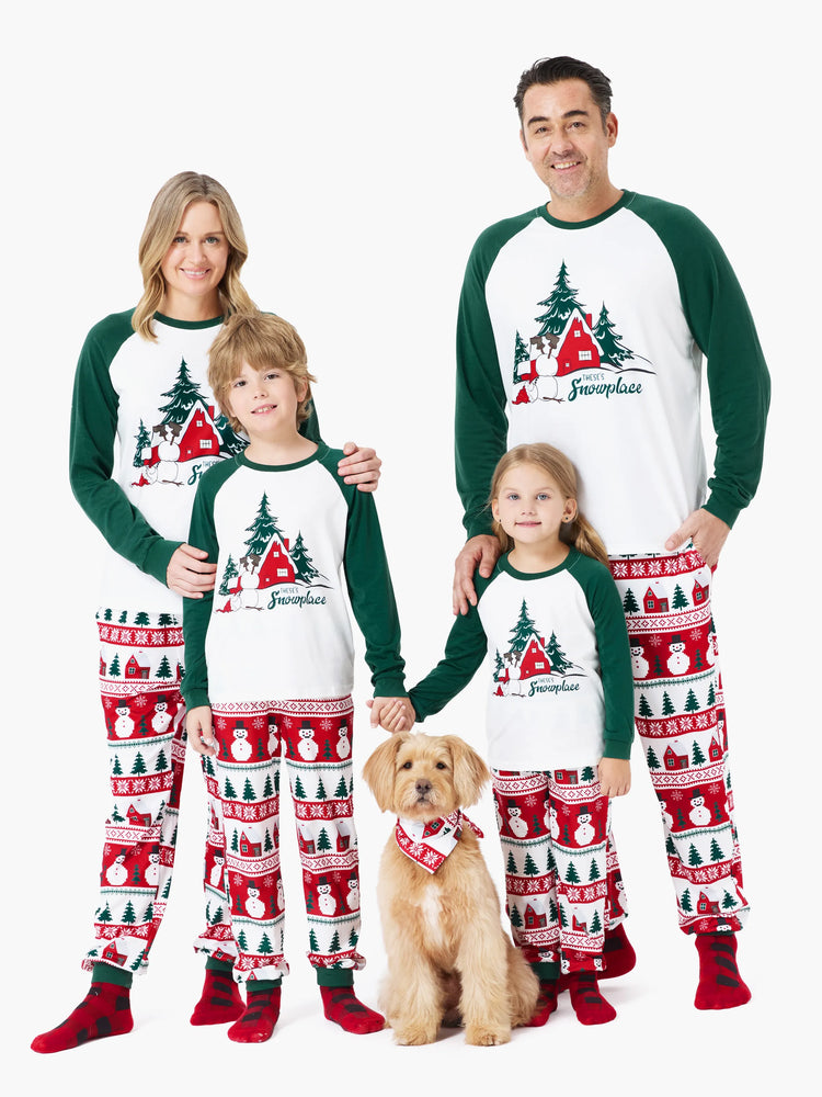 Christmas Matching Family Pajamas Set Snowman and Christmas Tree Print White PJS with Christmas Socks ( Defective Product) Dark Green