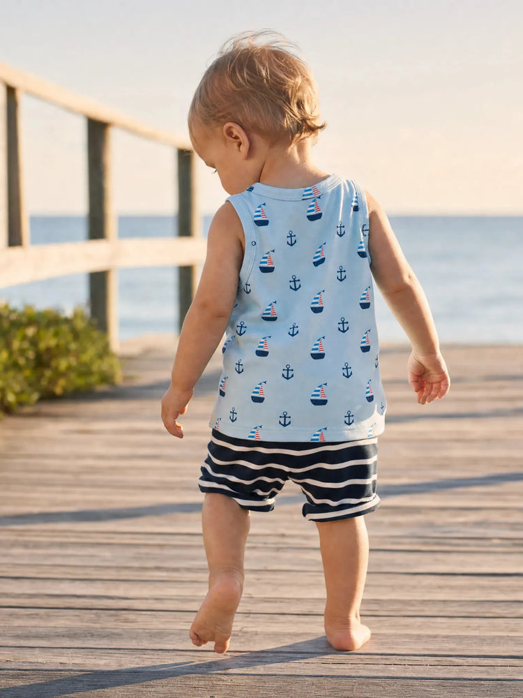 Ocean Vibes Baby Boy Sailboat Print Shorts Set Dark Blue