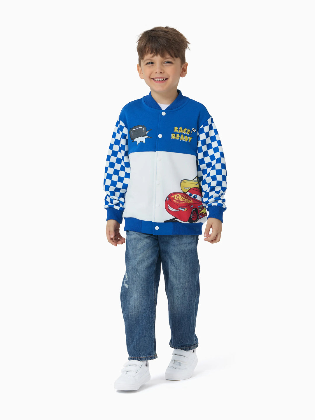 Veste bomber bleue en maille à boutons-pression, motif Cars, pour petit garçon, à l'effigie de Flash McQueen Ramirez.