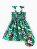 Disney Mickey and Friends Kleinkind Mädchen 1 Stück Blumen Allover Print Bowknot Gesmoktes Sommerkleid  grün