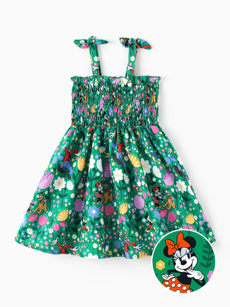 Disney Mickey and Friends Toddler Girl 1pc Minnie Floral Allover Print Bowknot Smocked Sundress Green