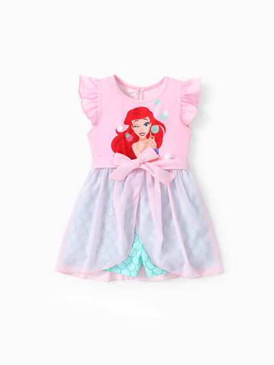 Disney Princess Ariel Toddler Girl Character Print Bowknot Mesh Ruffled Romper Pink