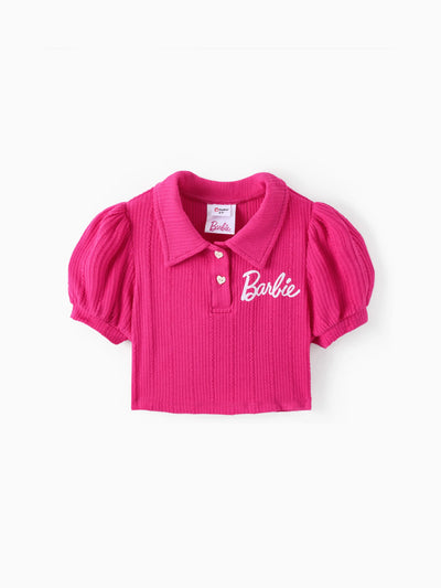 Barbie 2pcs Toddler/Kid Girl Alphabet Print Puff Sleeves Top with Allover Logo Print Skirt Set Roseo