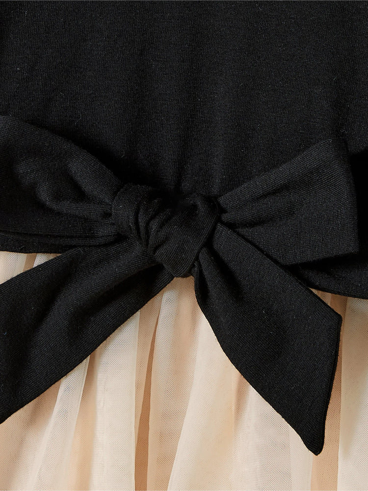 Family Matching Black-Almond Mesh Skirt and Classic Round Neck Long Sleeve Tops Sets Black