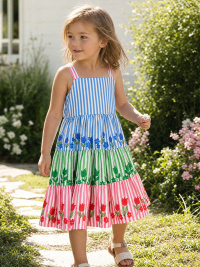 Fresh Market Toddler Girl Colorful Striped Floral Tiered Dress Multi-color