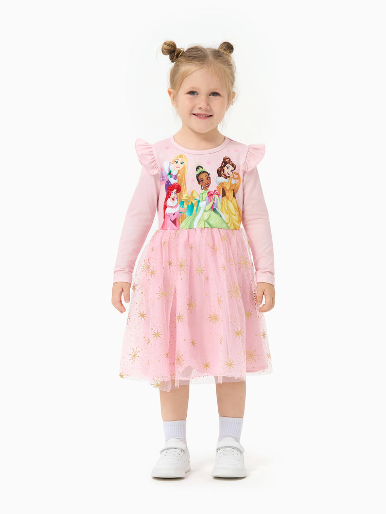 Robe en tulle à volants et manches longues pour petite fille, motif princesse Disney Ariel/Belle/Tiana/Raiponce, rose