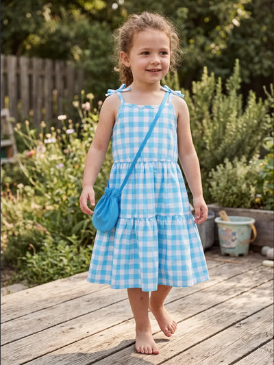 Fresh Market Toddler Girl Checkered Tiered Dress with Bag Blue