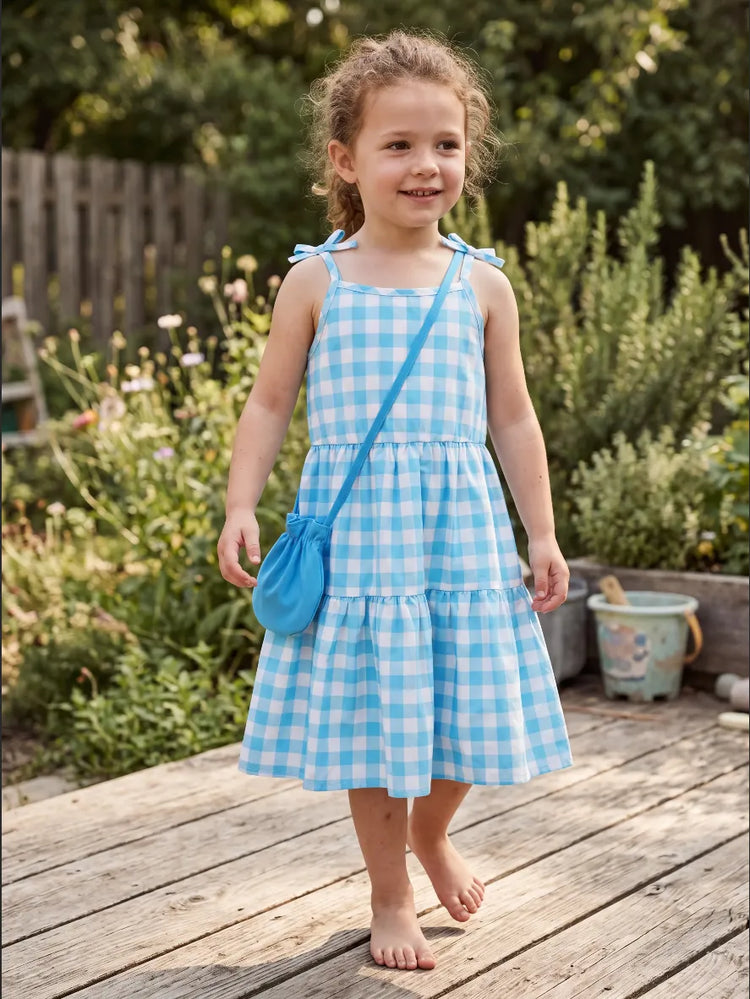 Fresh Market Toddler Girl Checkered Tiered Dress with Bag Blue