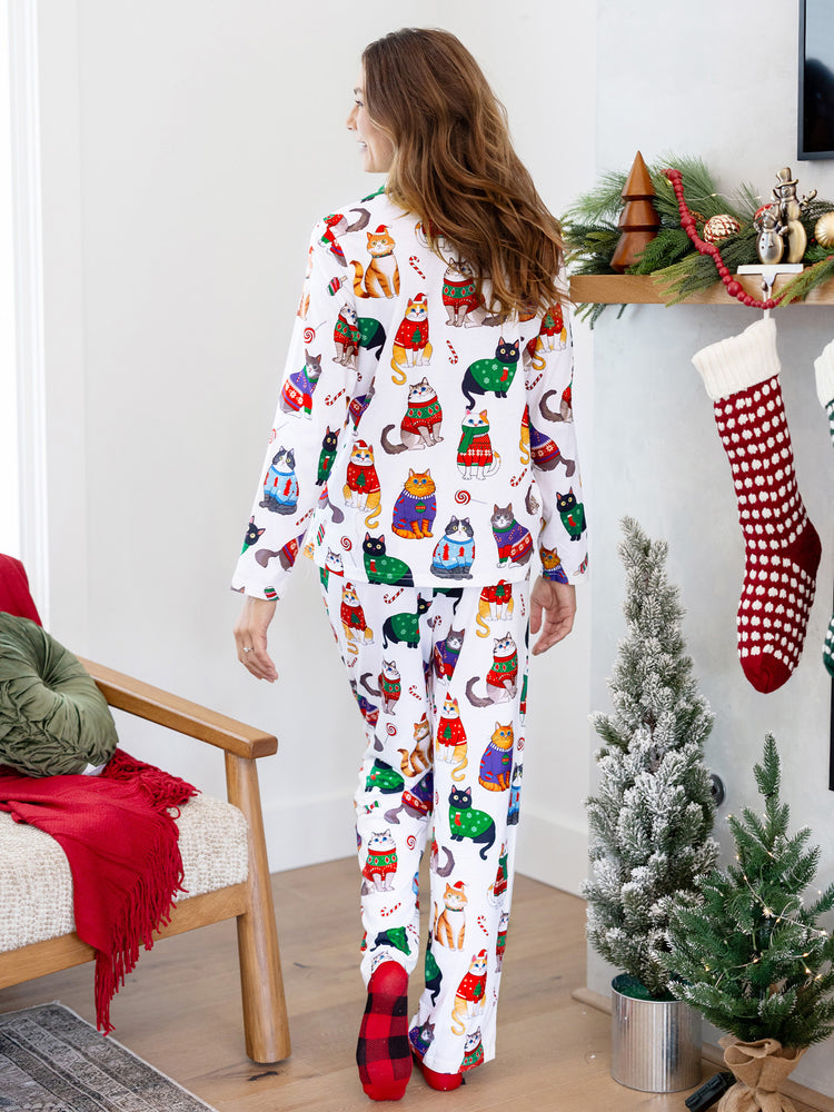 Christmas Matching Family Pajamas Set Christmas Cat Print PJS with Christmas Socks Multi-color