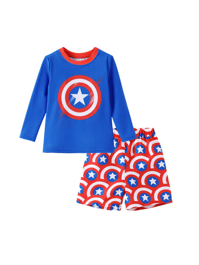Marvel Toddler/Kid Boy 2pcs Captain America UPF50+ Allover Print Tops and Trunks Swimsuit Set Blue