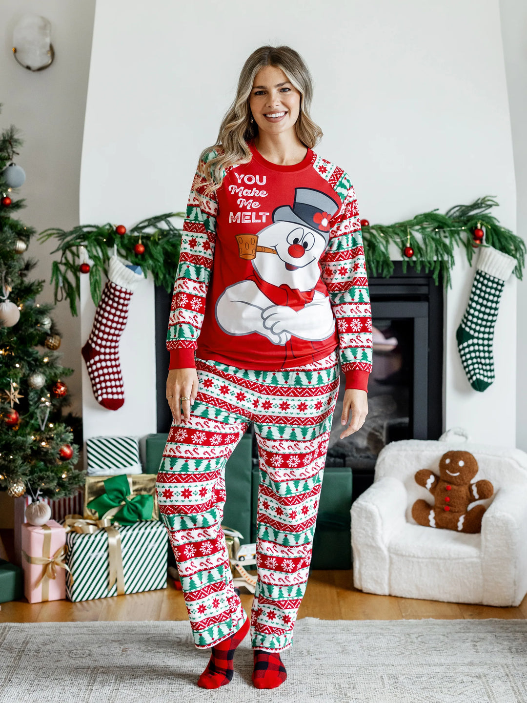 Frosty the Snowman Christmas Family Matching Fair Isle Pattern Polar Fleece Pajamas Set Red