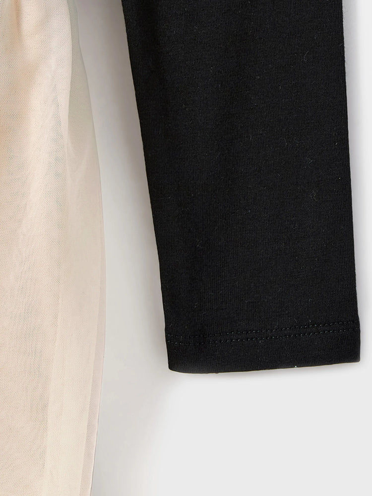 Family Matching Black-Almond Mesh Skirt and Classic Round Neck Long Sleeve Tops Sets Black