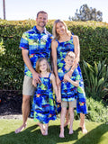 Tenues hawaïennes familiales assorties, chemise/robe à imprimé palmier bleu tropical, ensemble de tenues coordonnées pour les vacances à la plage d'été, bleu