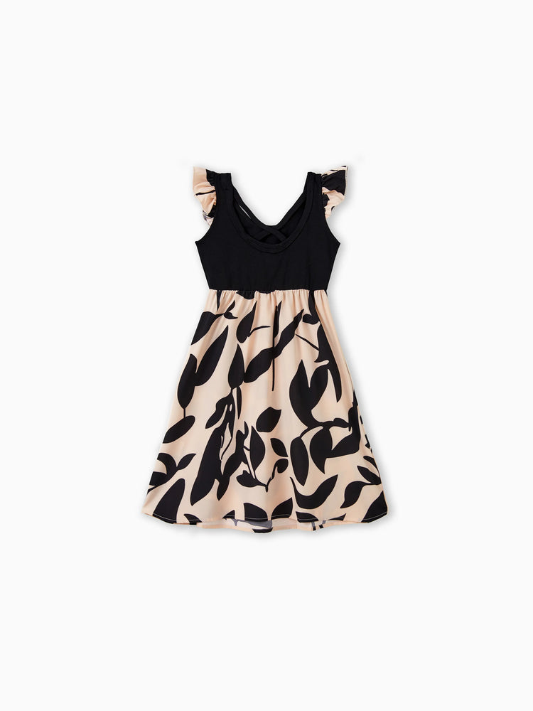 Mommy & me Cross Back Floral Strap Dress and Colorblock Top Sets Black