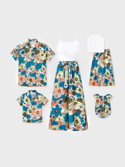 Family Matching Set Sun Flower Print Short-sleeve Collar Shirt or White Camisole Top and Flower Wide-leg Pants Set for Summer Vacation  Multi-color