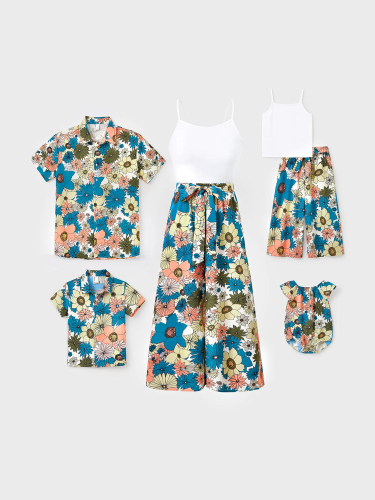 Family Matching Set Sun Flower Print Short-sleeve Collar Shirt or White Camisole Top and Flower Wide-leg Pants Set for Summer Vacation  Multi-color