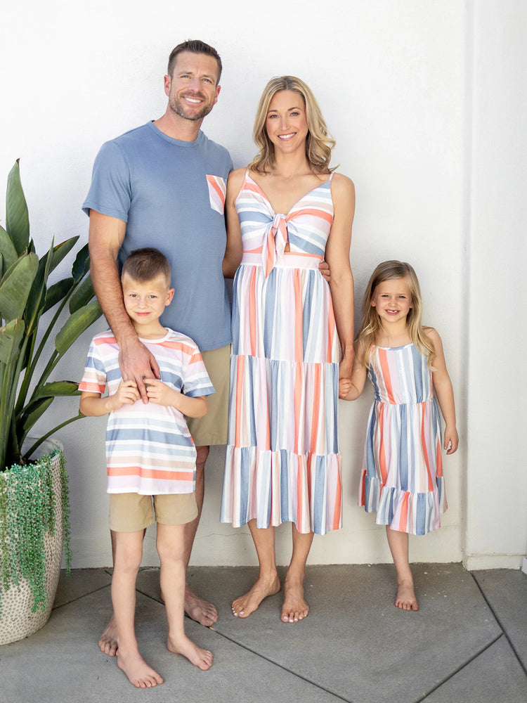 Mommy and Me Family Matching Blue Short-sleeve Tee or Colorful Stripe Camisole Dress Multi-color