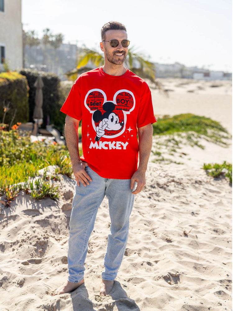 Daddy and Me Disney Mickey and Friends Family matching 1pc Mickey Mouse Graffiti Cotton T-shirt or Colorblock Dress or Naia™ Allover Romper  Red