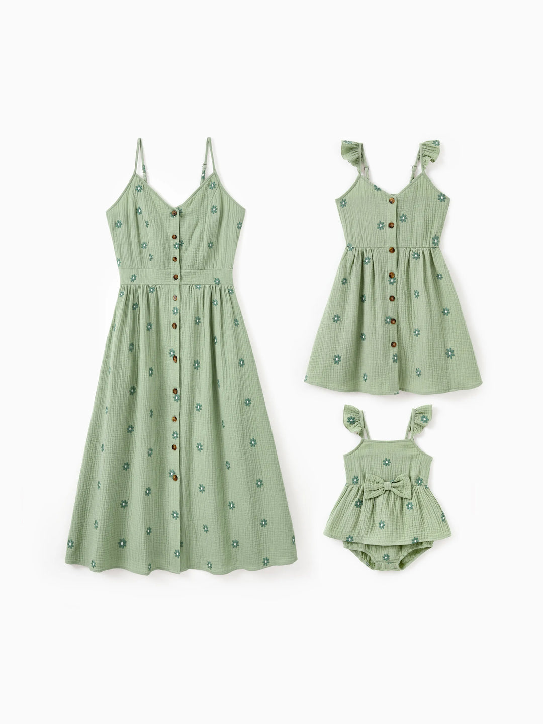 Matching Floral Cotton Dresses for Mom & Me Button-Down Smocked Floral Strap Dress for Mom, Baby Girl Ruffle Dress with Bow, Perfect for Summer Family Outings & Photos Pale Green