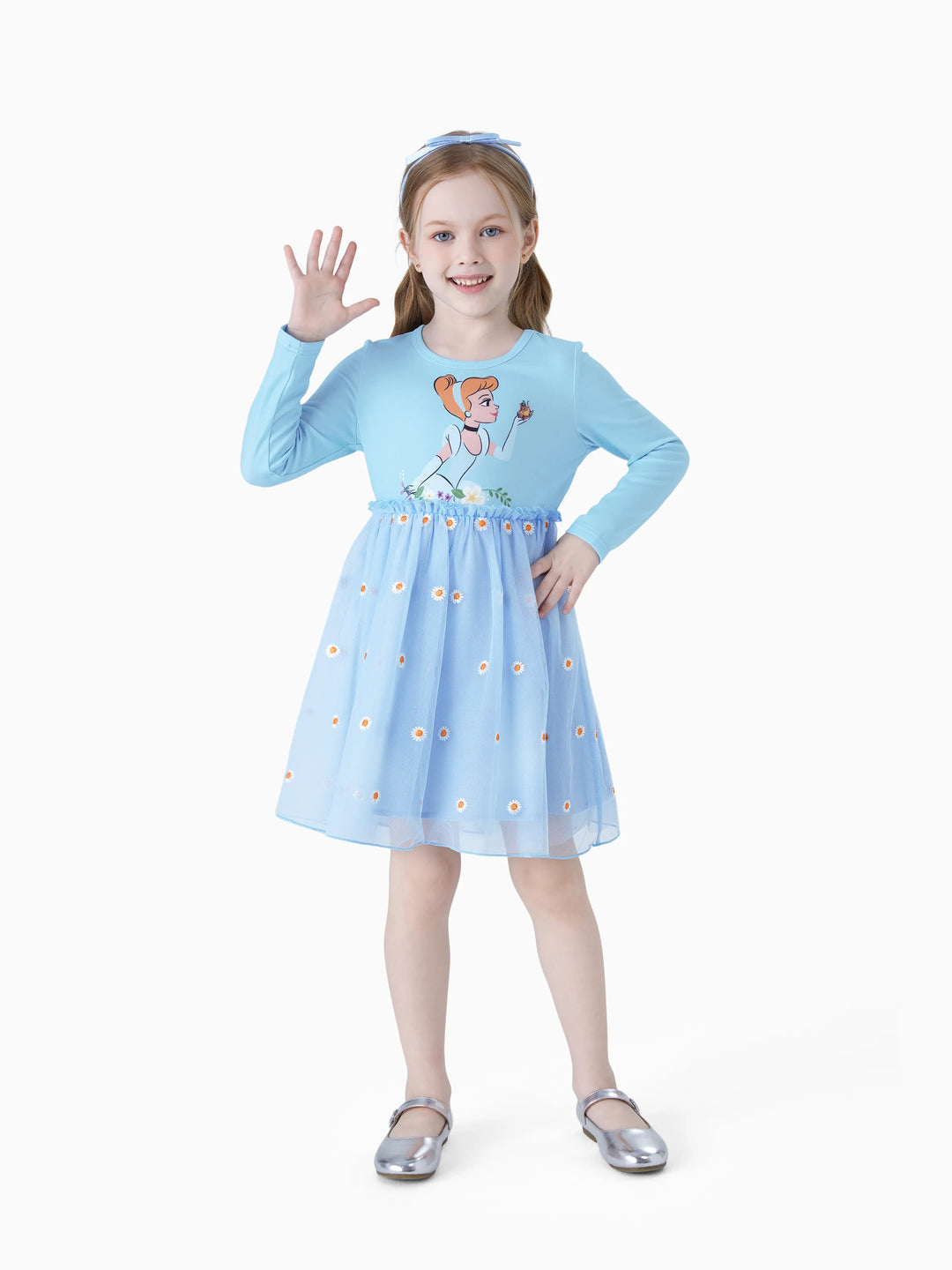 Disney Prinzessin Kleinkind Mädchen Arielle/Cinderella 1 Stück Naia™ Blumentüll Langarmkleid blaugrau