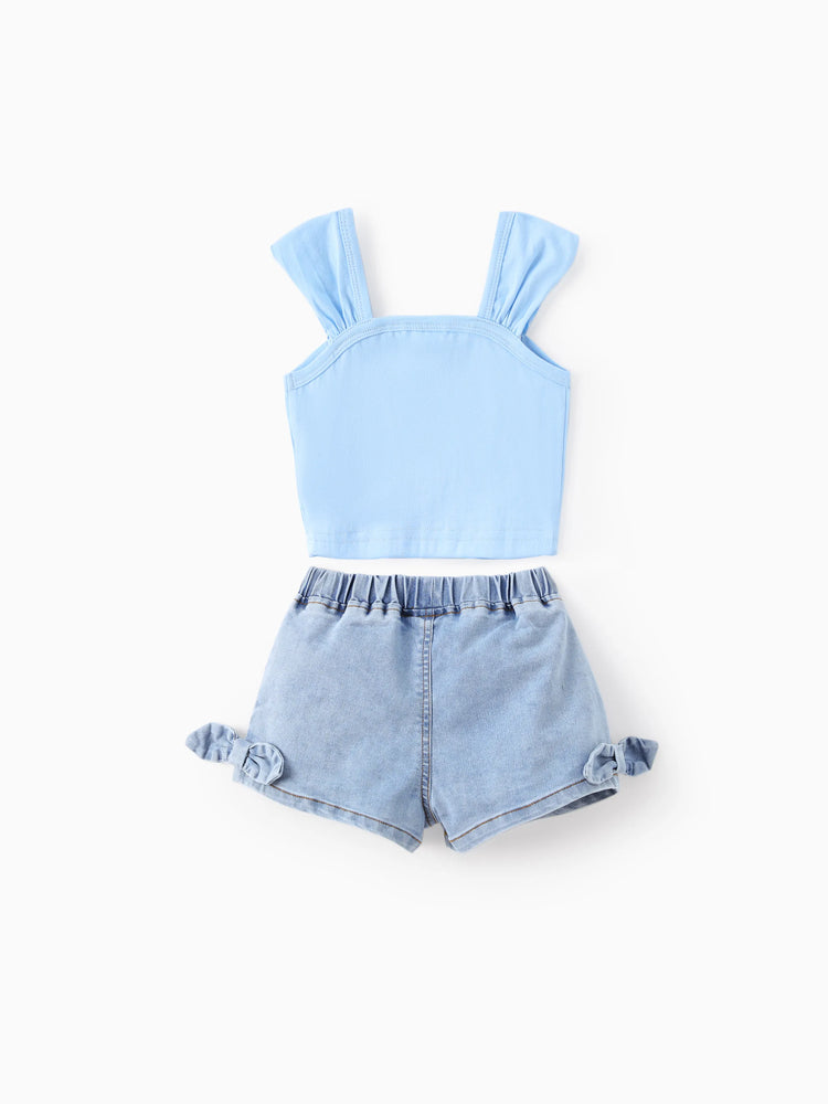 Ensemble 2 pièces débardeur et short en jean à nœud papillon en coton motif Elsa pour petite fille Disney La Reine des Neiges, bleu