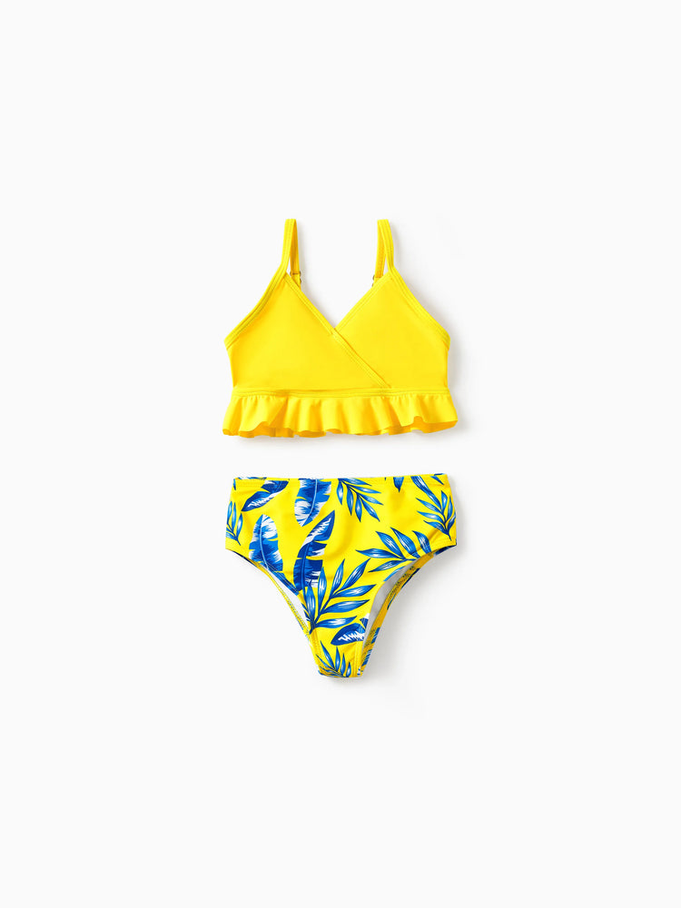 Toddler Girl Yellow Leaf Print Ruched Flutter Sleeve Bikini Yellow