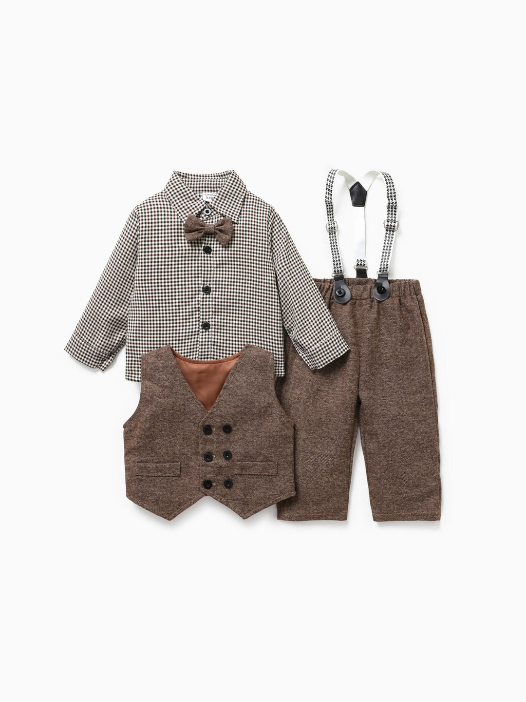 Conjunto de 3 piezas de camisa elegante de rejilla/pata de gallo para bebé niño, manga larga, marrón