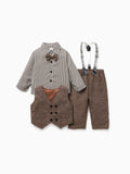 3PCS Baby Boy Elegant Grid/Houndstooth Shirt Collar Long Sleeve Set Brown