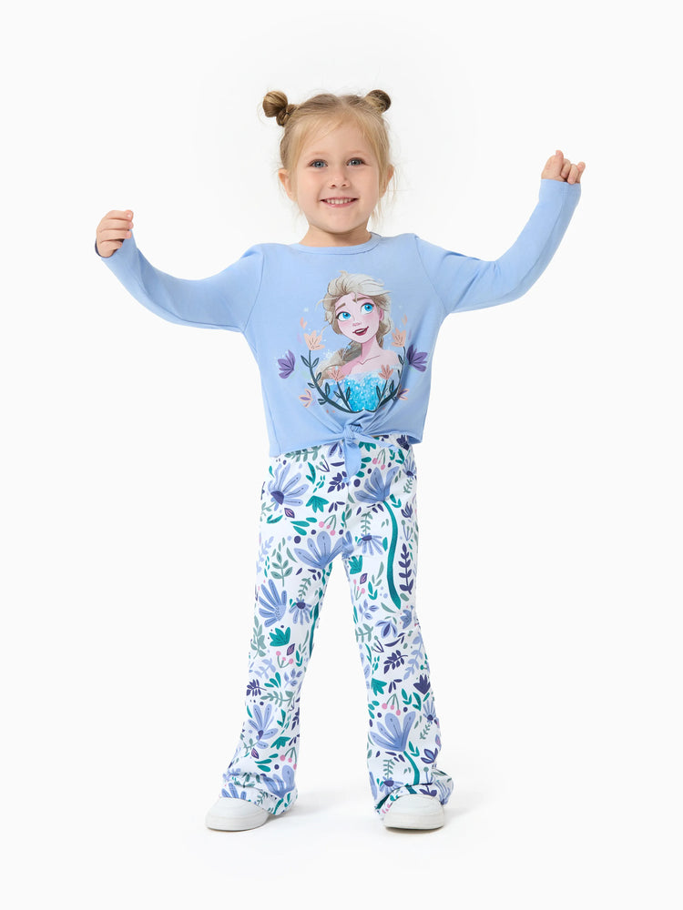 Ensemble 2 pièces Disney La Reine des Neiges pour fille, haut à manches longues et pantalon évasé à imprimé floral, en coton, à ourlet chic, Elsa, bleu