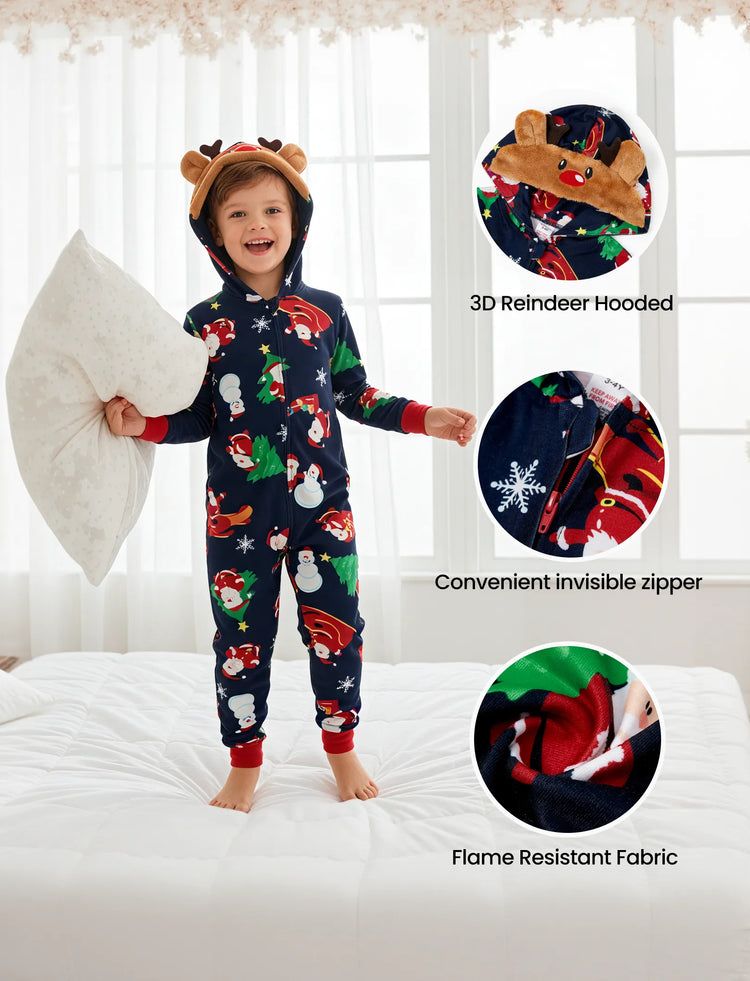 Green Christmas Family Pajamas Sets 3D Reindeer Hooded Santa Allover Print Onesies Pajamas blueblack