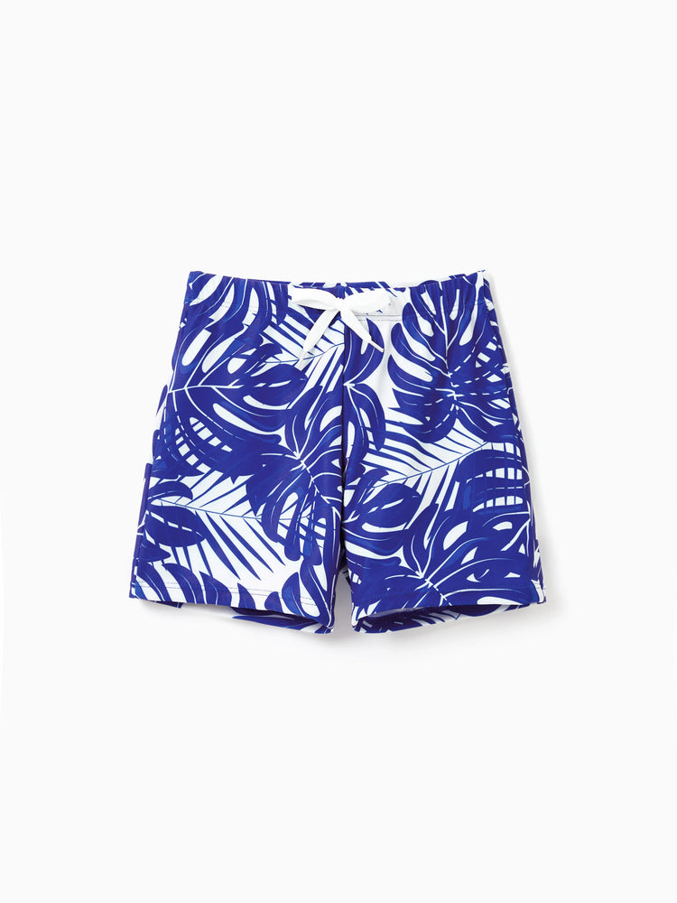 Family Matching Tropical Leaf Print Swim Trunks or Hollow-out Crisscross Straps One-piece Swimsuit Blue