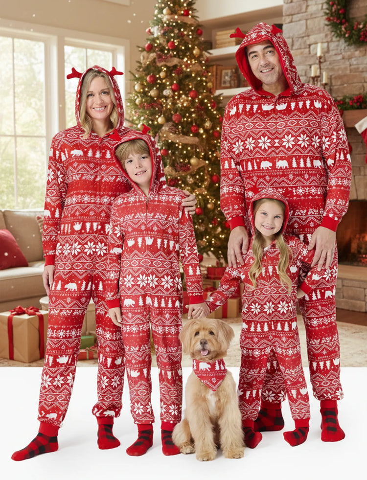 Christmas Matching Family Pajamas Set 3D Reindeer Hooded Allover Snowflake and Reindeer Print Red Onesie PJS with Christmas Socks Red