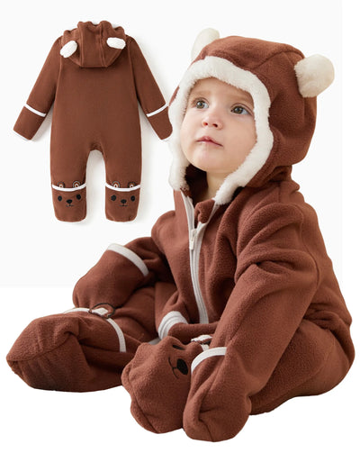Unisex Jumpsuit 3D Hyper-Tactile Infant Outfit 2-way Onesies with Animal Pattern Brown
