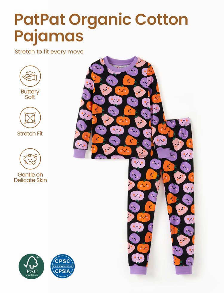 Pyjama de Noël/Halloween 2 pièces en bambou avec imprimé enfantin pour petite fille (ajusté) Rose violet