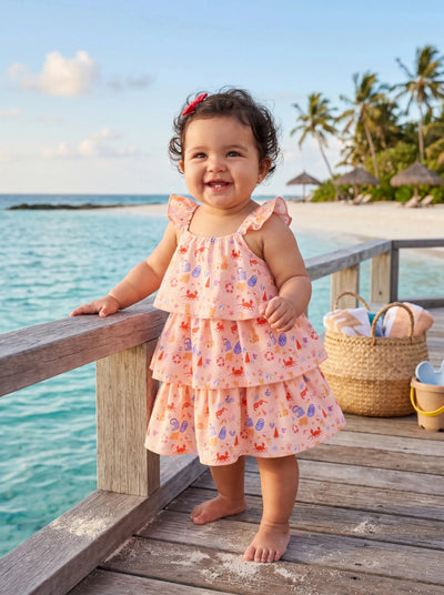 Ocean Vibes Ruffle Flutter Sleeve Beach Print Tiered Dress Light Pink