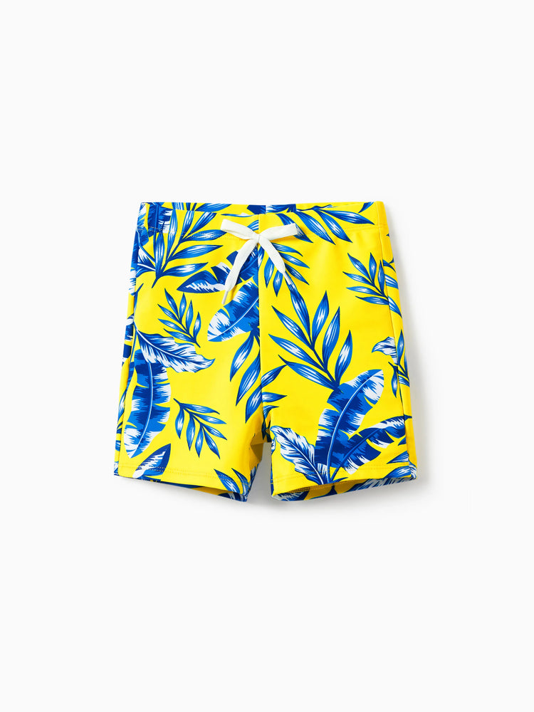 Daddy & Son Gelbe Badeshorts mit Blattmuster und optionalem Badeüberwurf Gelb