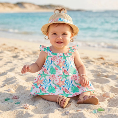 Ocean Vibes Baby Girl Tropical island Leaf Print Dress White