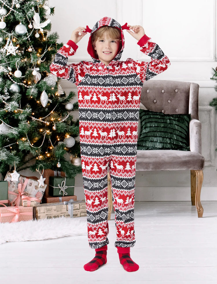 Christmas Matching Family Pajamas Set 3D Reindeer Hooded Allover Snowflake Print Onesie PJS with Christmas Socks red/black