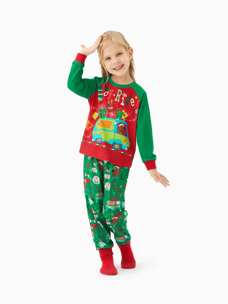 Scooby Doo Christmas Matching Family Pajamas Set Christmas Gift Car Pattern Long-sleeve Red and Green PJS with Christmas Socks Red