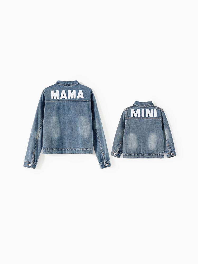 Mom and Me Light Blue Letter Design Long-sleeve Distressed Denim Jackets Light Blue