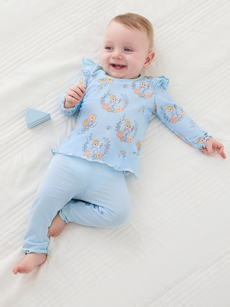 Ensemble 3 pièces Disney Princesse Cendrillon pour bébé fille, haut à volants et manches flottantes, et leggings, bleu clair