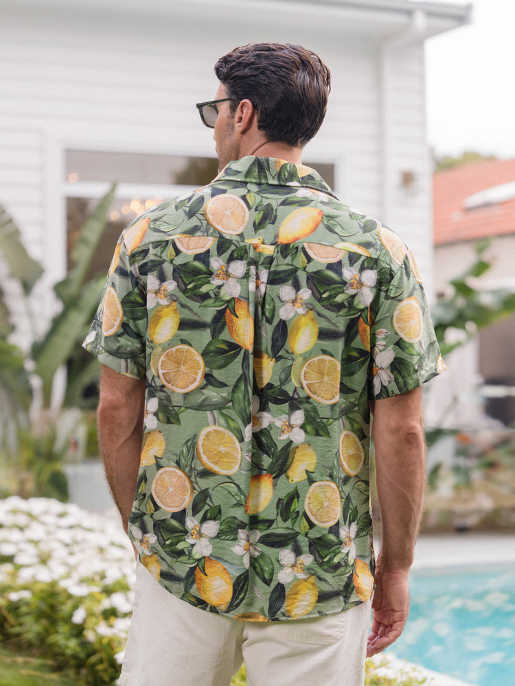Matching Family Outfits Lemon Print Hawaiian Shirts & Summer Dresses Tropical Vacation Clothes for Men, Women & Kids Green