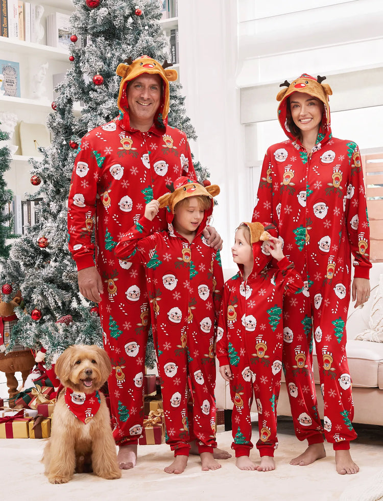 Christmas Family Pajamas Sets 3D Reindeer Hooded Allover Print Onesies Pajamas Red-2