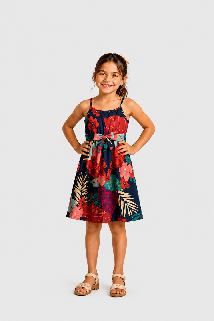 Mommy and Me Family Matching Sets Floral Panel Black tee and V-neck Strap Dress with Hidden Snap  Deep Blue
