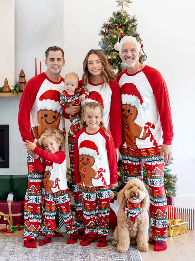 Ensemble pyjama de Noël assorti pour toute la famille, imprimé pain d'épices, manches longues et chaussettes de Noël rouges