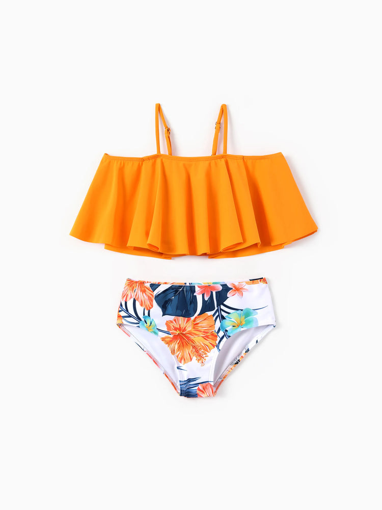 Matching Family Swimwear Tropical Floral Bikini Set with Ruffle Top for Mom & Daughter, Board Shorts for Dad & Son, Bright Summer Beach Outfits Orange