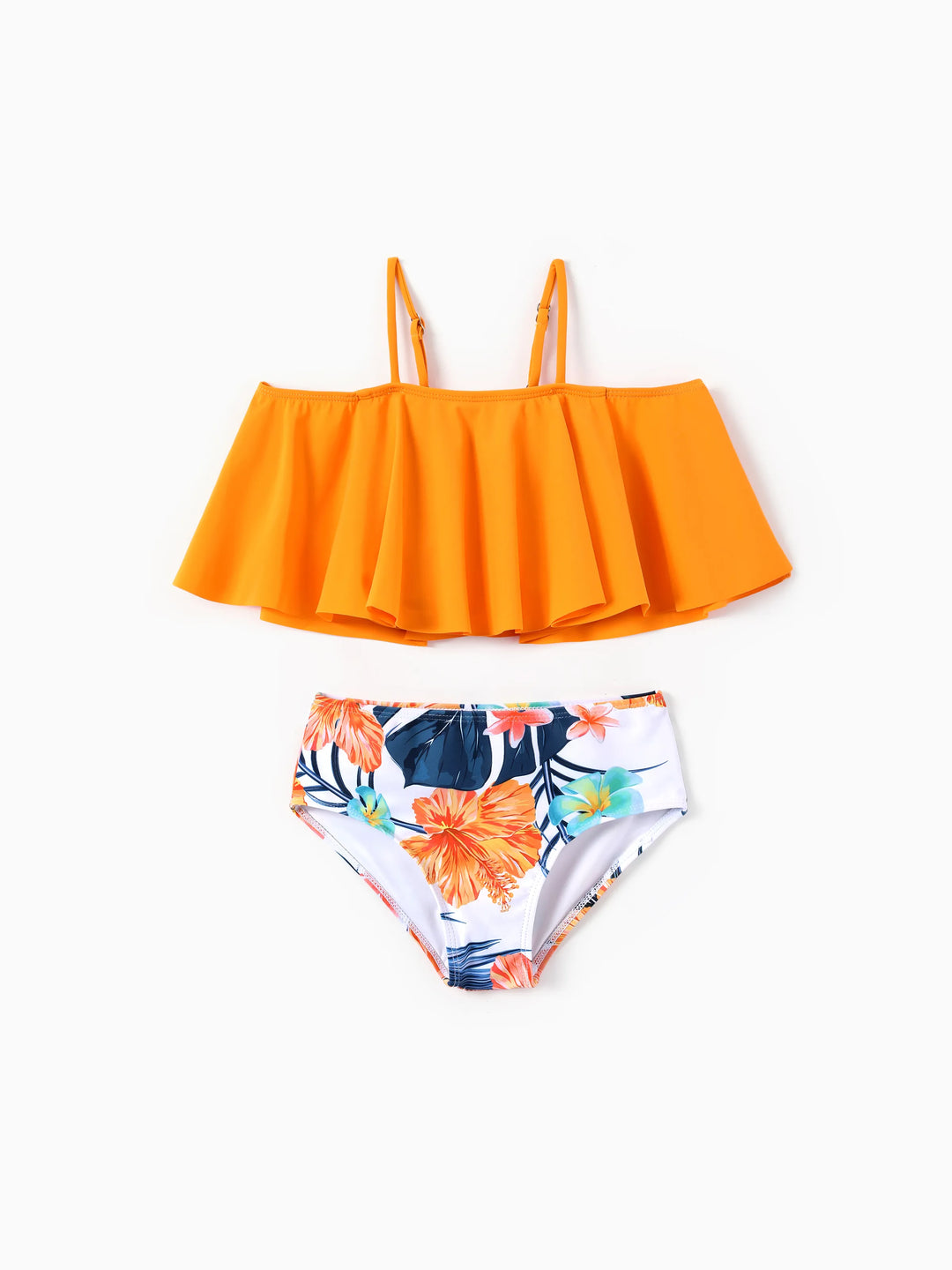 Ensemble bikini à fleurs tropicales avec haut à volants pour fillettes, tenues d'été lumineuses pour la plage, orange