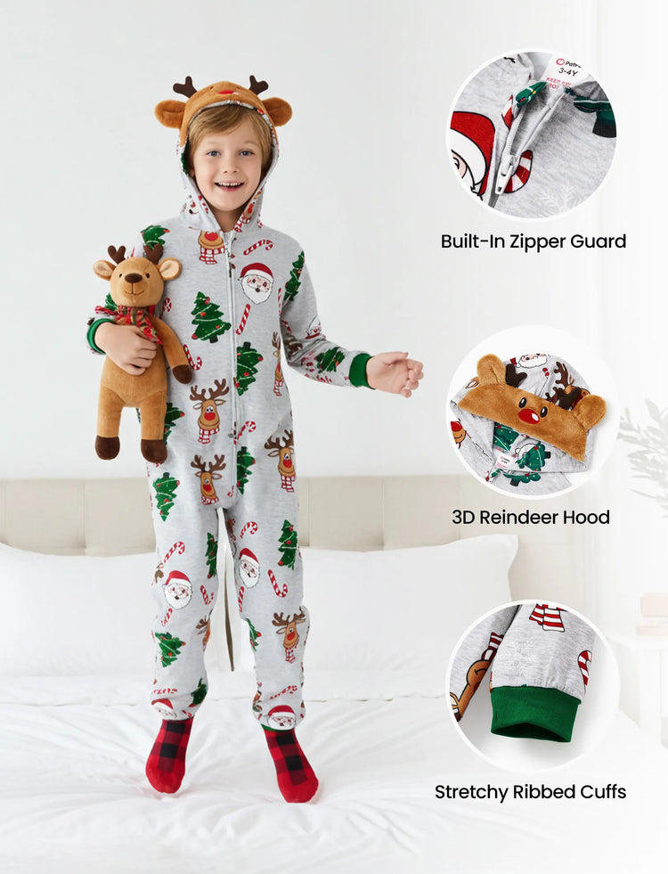 Grey Christmas Pajamas 3D Reindeer Pattern Zipper Onesies Matching Family Outfits Light Grey