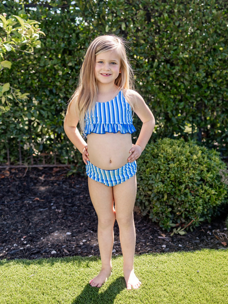 Family Matching Towel Swimwear Blue Stripe Swim Trunks or two-piece Bikini swimsuit Blue