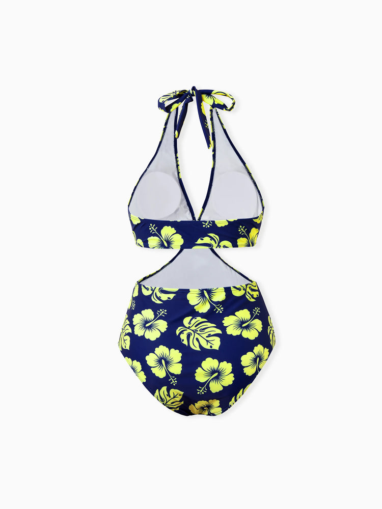 Family Matching Tropical Floral Swimsuits Halter Bikini & Swim Trunks Set Deep Blue